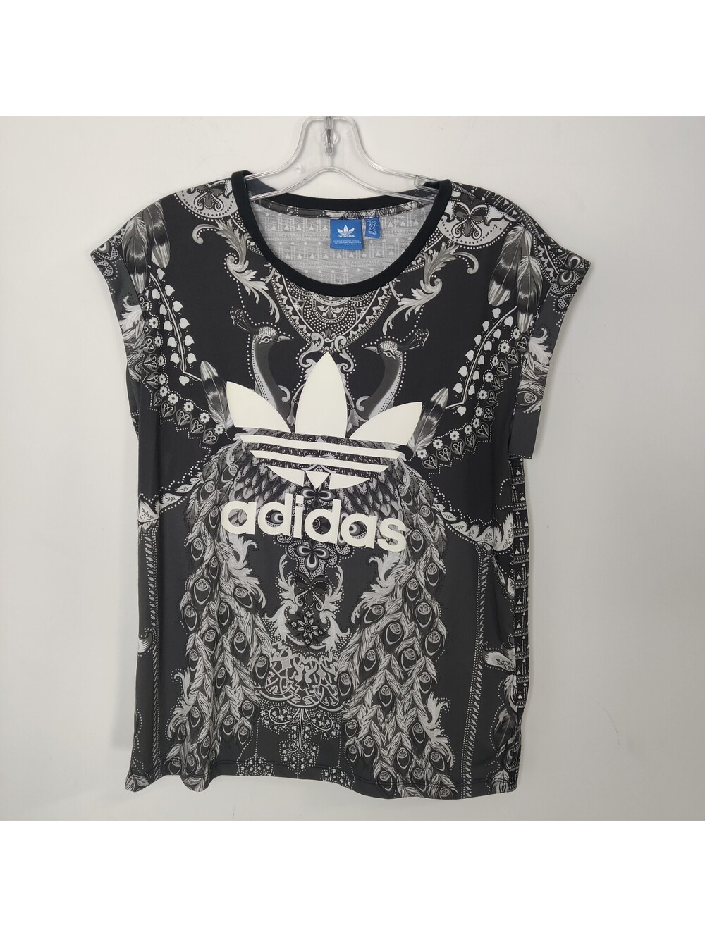 Adidas Originals Peacock Trefoil Graphic Tee Cuffed Sleeve Black White Size M